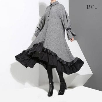 New Fashion Style Plus Size Gray Patchwork Warm Wear Ruffled Elegant Shirt Dress Fashion Nova Clothing TAKE IMAGE
